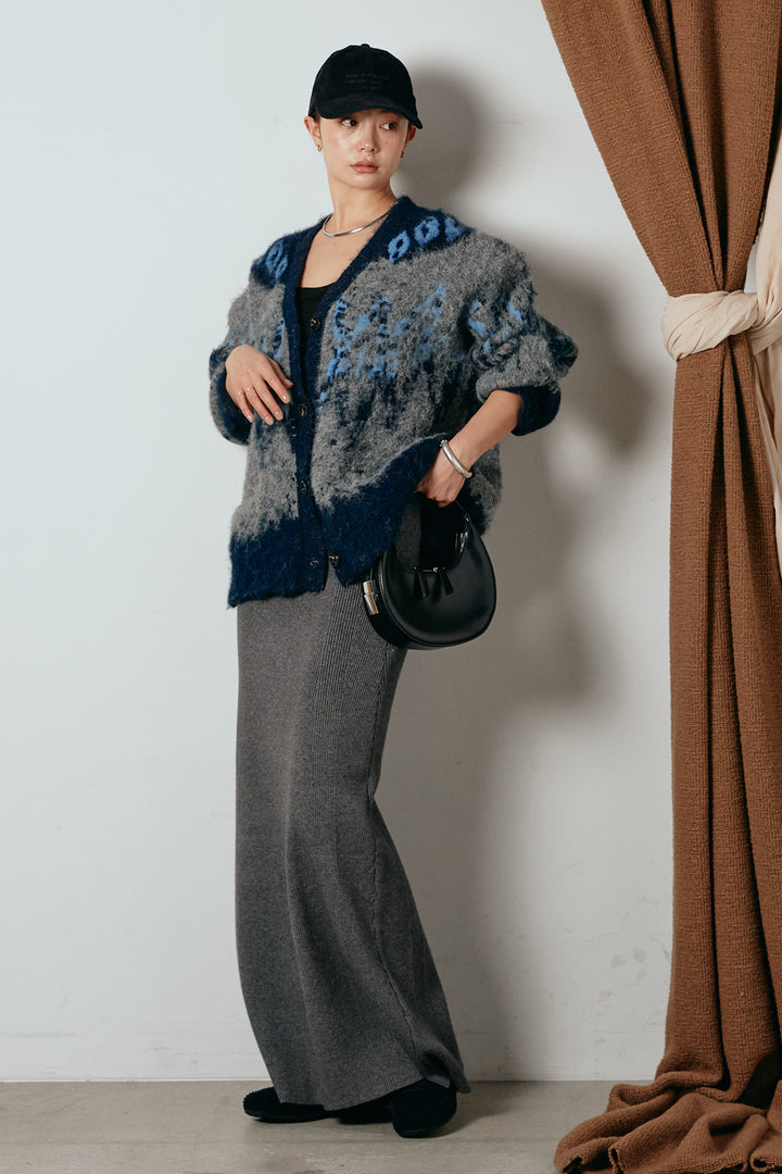 [SET]シャギーニュアンス柄ニットカーディガン+リブナローニットスカート(2set)