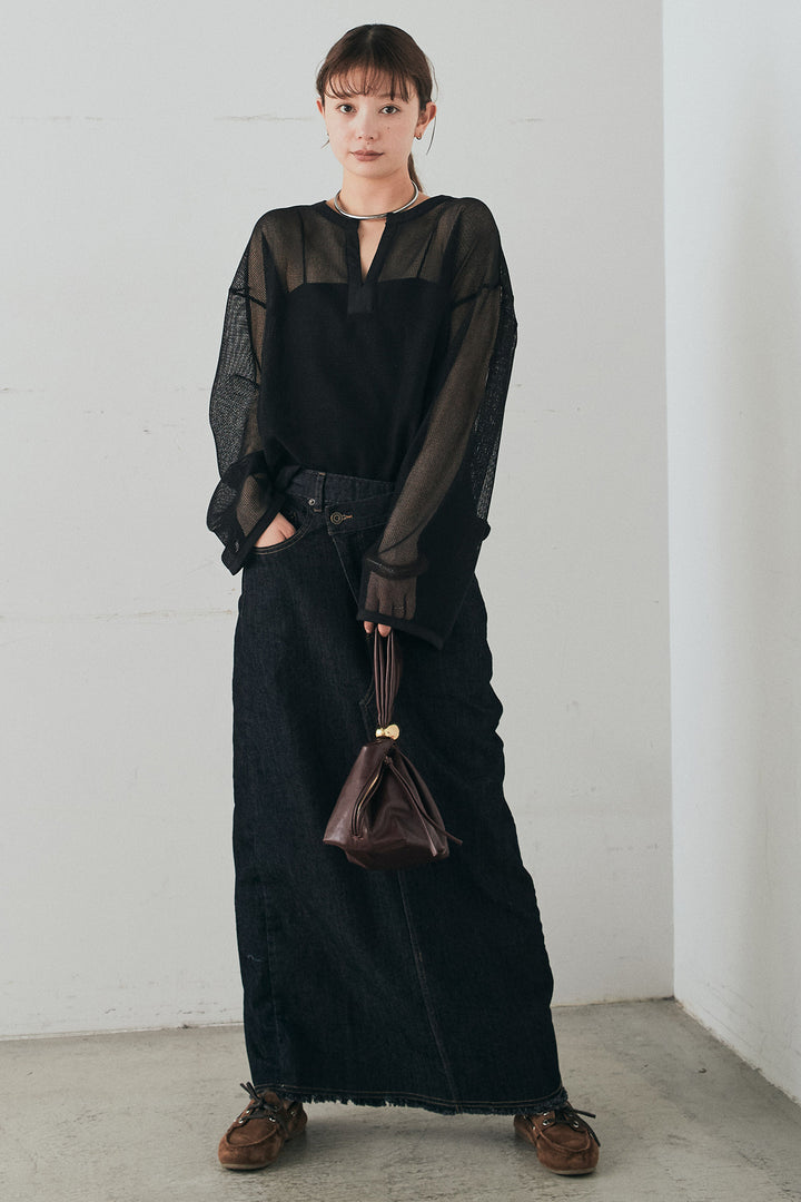 [SET]メッシュカットソースキッパープルオーバー+ウエストクロスデニムタイトスカート(2set)