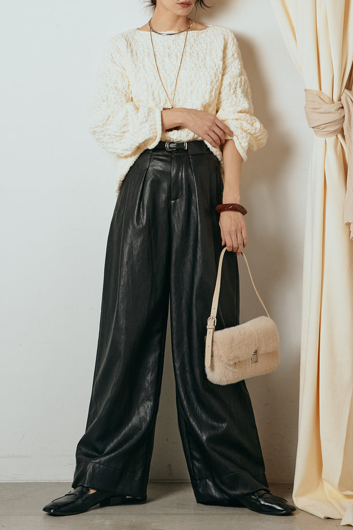 [SET]ボリューム編みニットプルオーバー+ベルト付きレザーライクタックパンツ(2set)