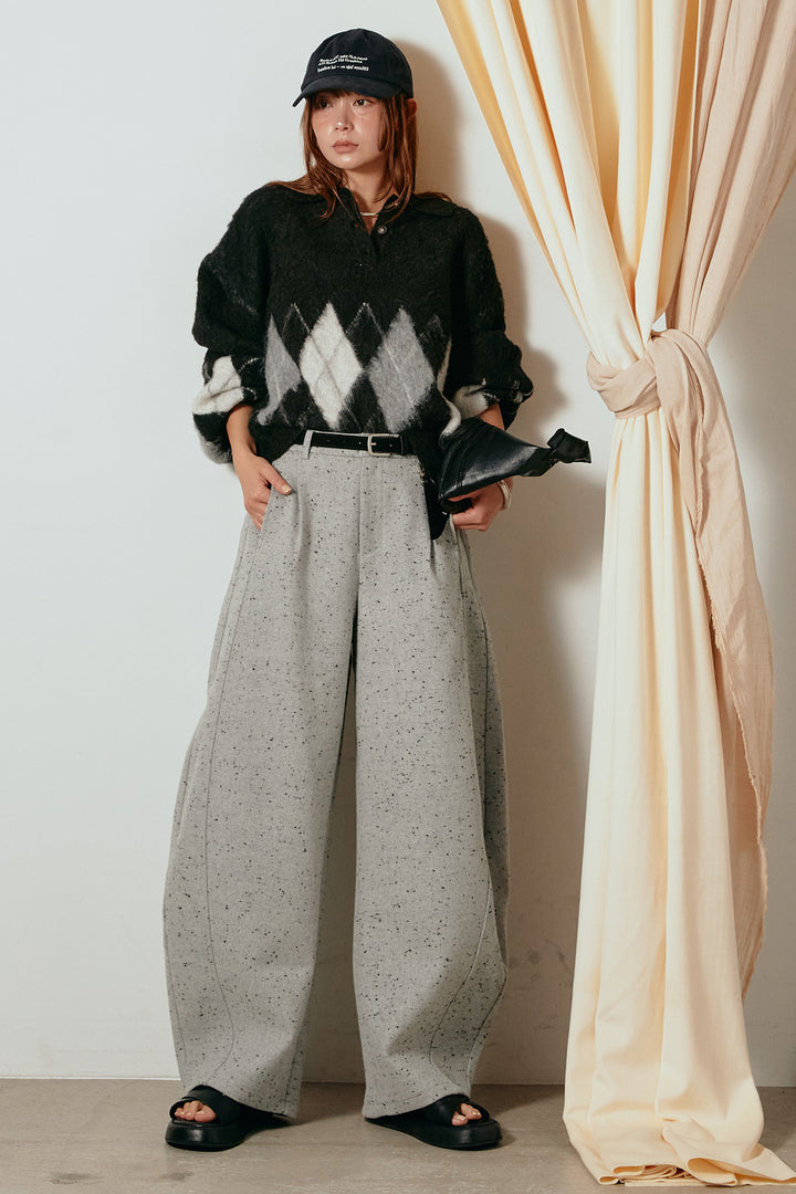 [SET]アーガイル柄ポロニットトップス+ベルト付きネップツイードカーブパンツ(2set)