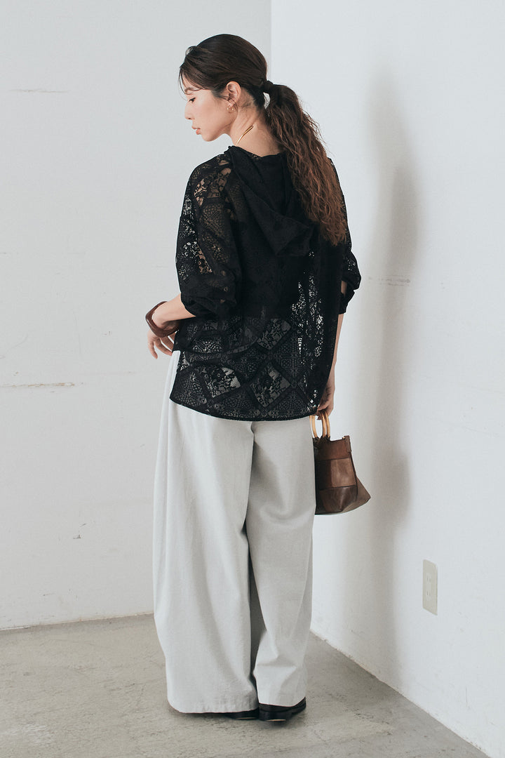 [SET]ブロックレースフード付きブラウス+ベルト付きサイドタックワイドパンツ(2set)