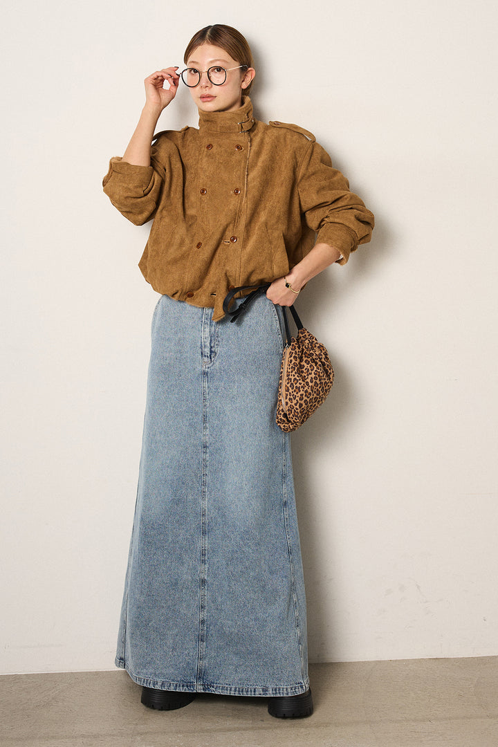 [SET]スタンド襟スウェードライクアウター+デニムロングフレアスカート(2set)