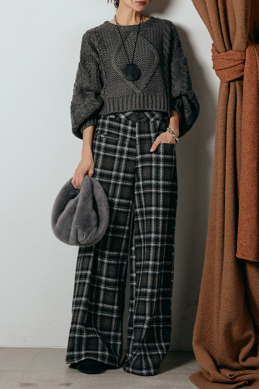 [SET]ロービングケーブルショート丈プルオーバー+ルーズタータンチェックワイドパンツ(2set)