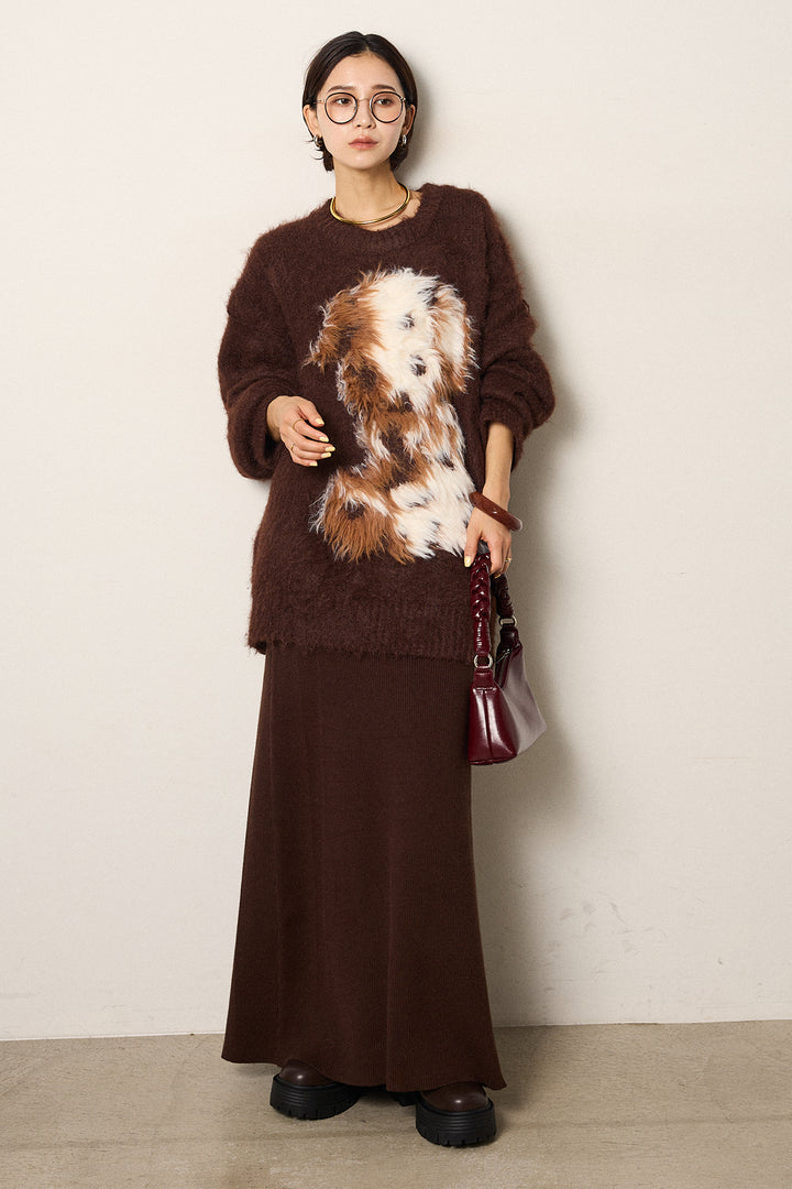 [SET]シャギーニュアンスアニマルニット+リブナローニットスカート(2set)