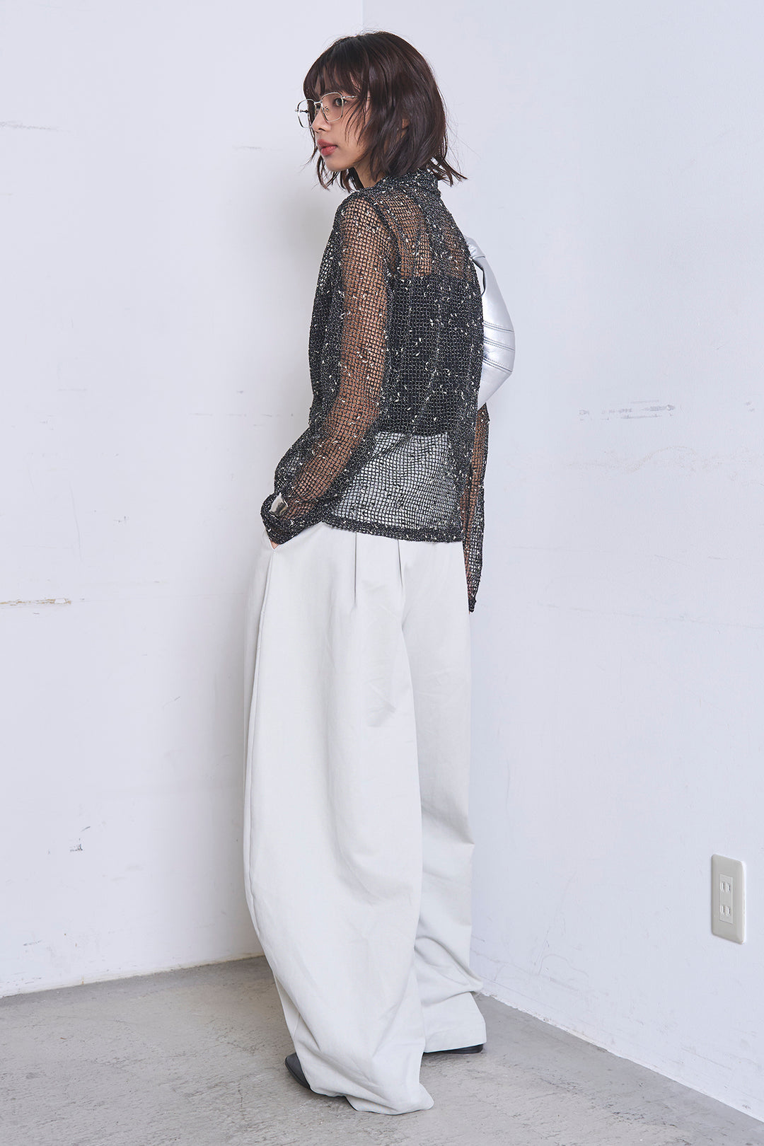 [SET]ネップメッシュポロ襟カーディガン+紐ベルト付きカーブワイドパンツ(2set)