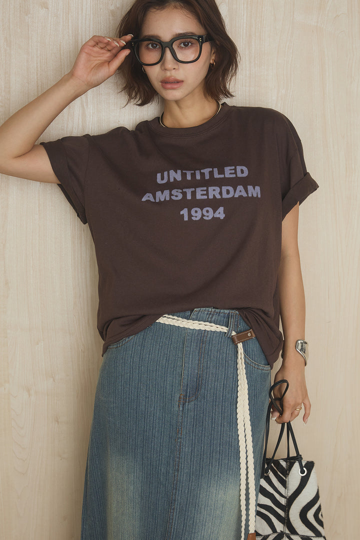 [SET]英字フロントロゴプリントTシャツ+ベルト付きデニムタイトスカート(2set)