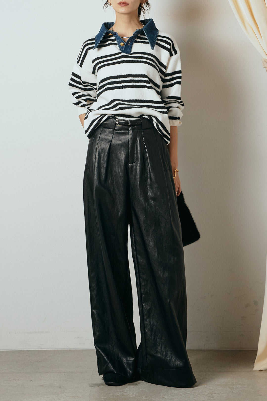[SET]デニムレイヤード風ランダムボーダーニットプルオーバー+ベルト付きレザーライクタックパンツ(2set)
