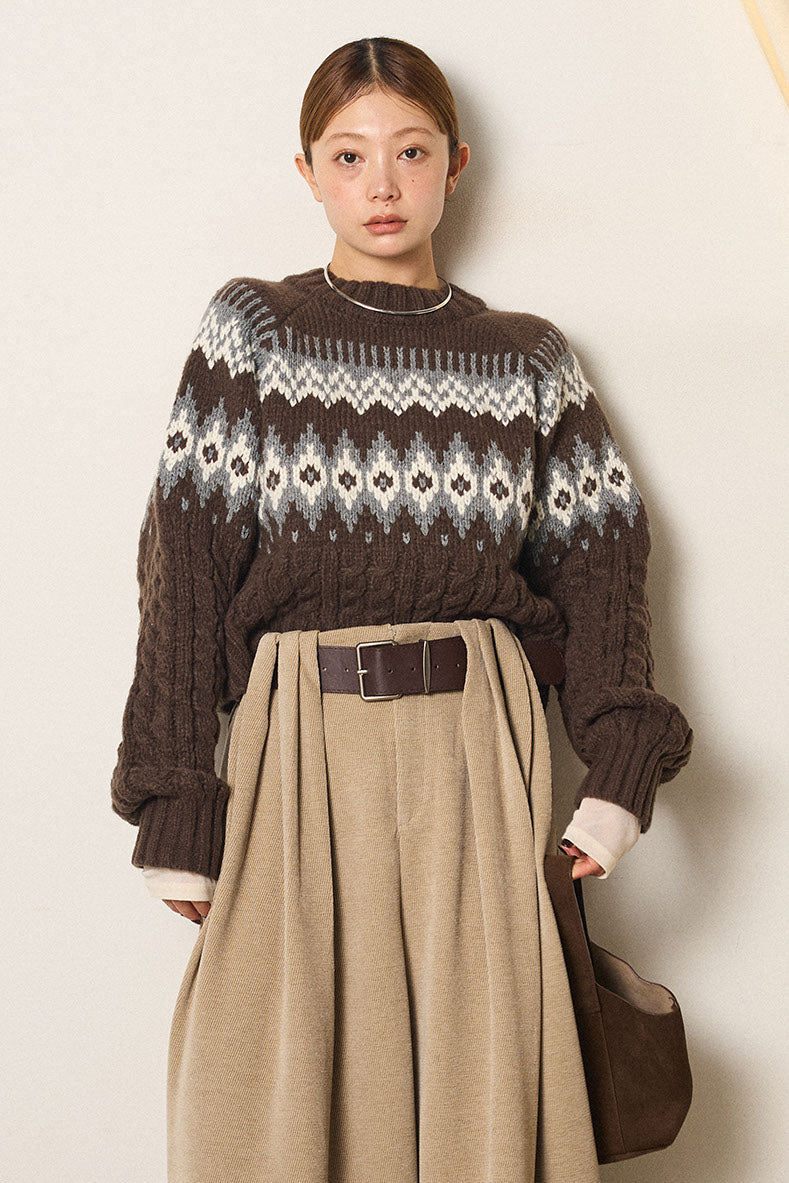 [SET]2WAY求心柄ジャガードショートカーディガン+2WAY袖コード刺繍クルーネックプルオーバー(2set)