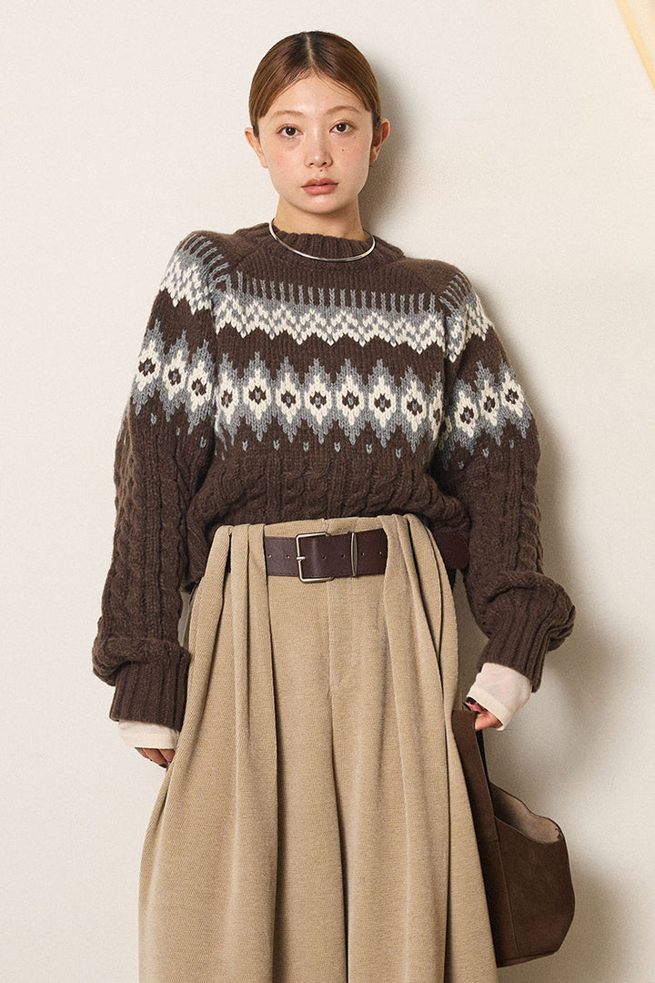 [SET]2WAY求心柄ジャガードショートカーディガン+2WAY袖コード刺繍クルーネックプルオーバー(2set)