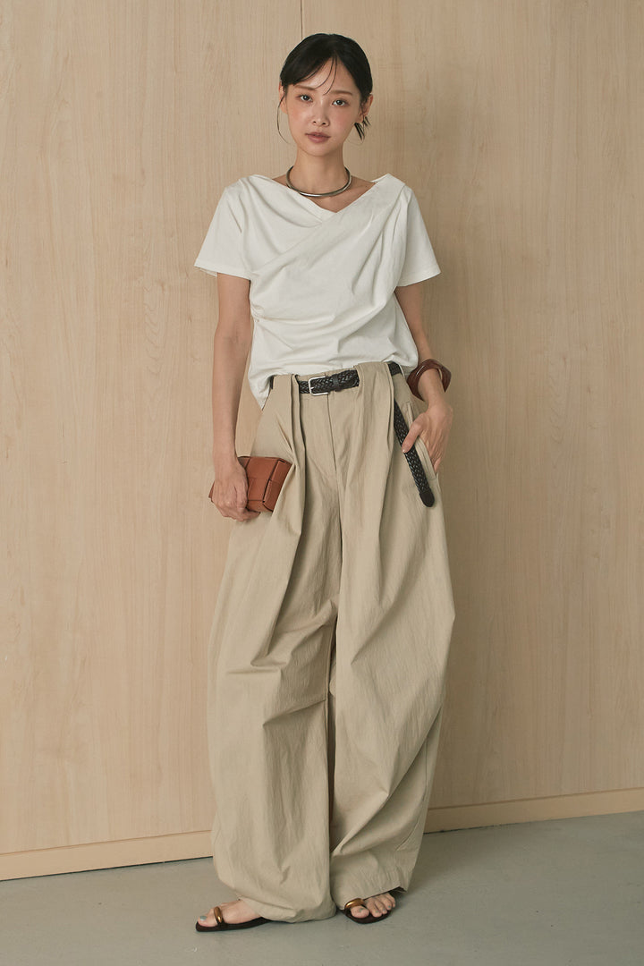 [SET]綿天竺半袖オフショルTシャツ+ニーサイドタックボリュームカーブパンツ(2set)