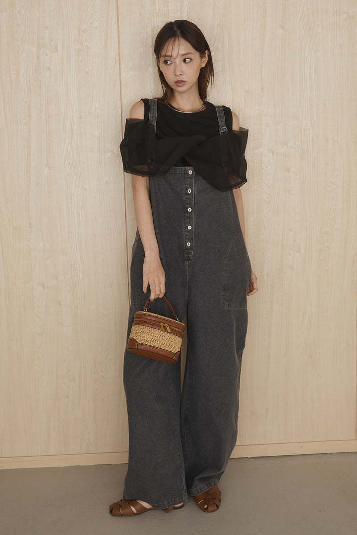 [SET]シアーレイヤーデザインカットソー+フロントボタンデニムサロペット(2set)