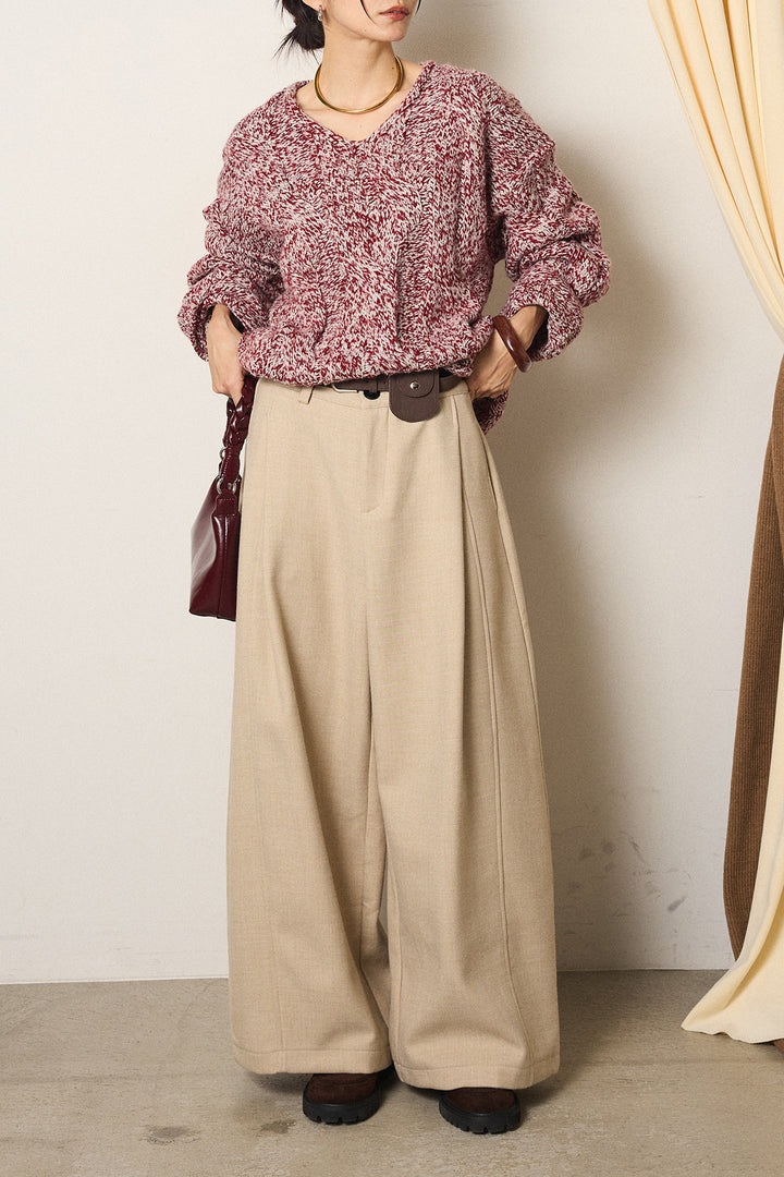 [SET]Vネックミックス編みニットトップス+ポーチベルト付きカーブパンツ(2set)