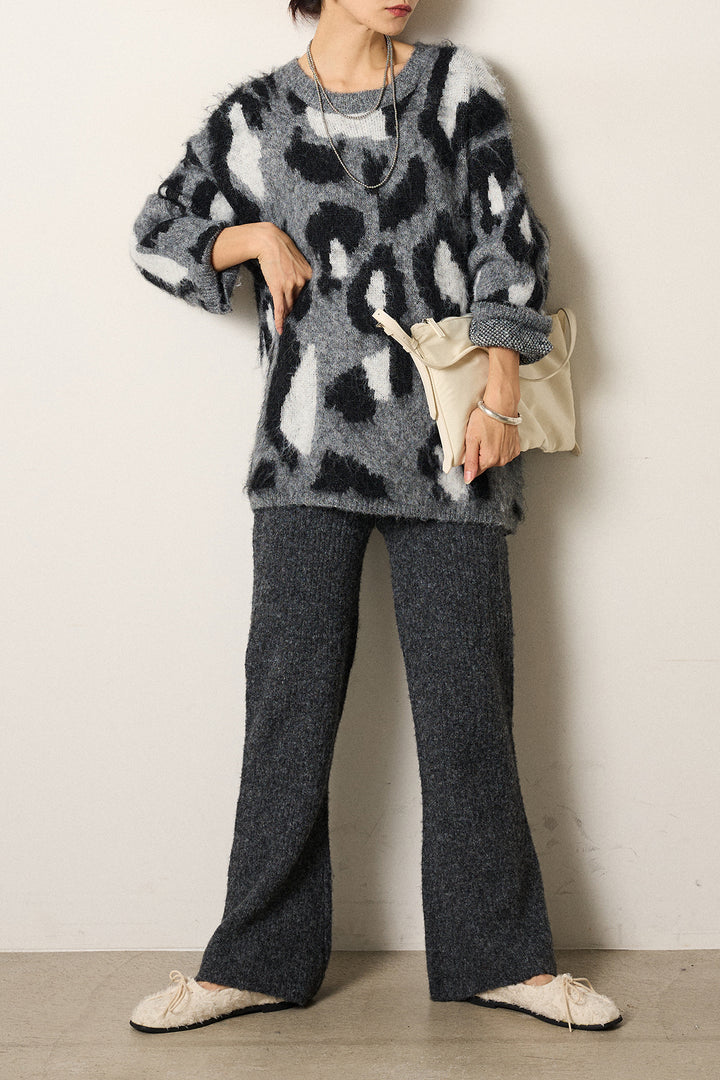 [SET]ルーズアニマルモヘアニットトップス+杢ニットリブフレアパンツ(2set)