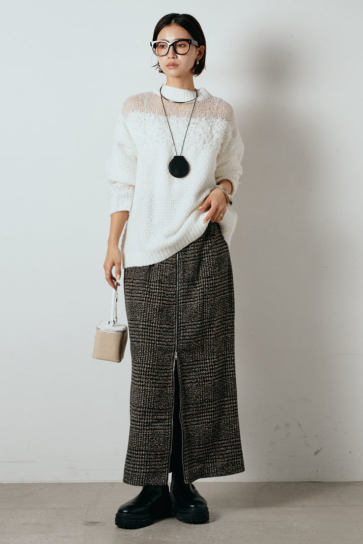 [SET]パターンランダム編みニットトップス+グレンチェック柄フロントジップタイトスカート(2set)