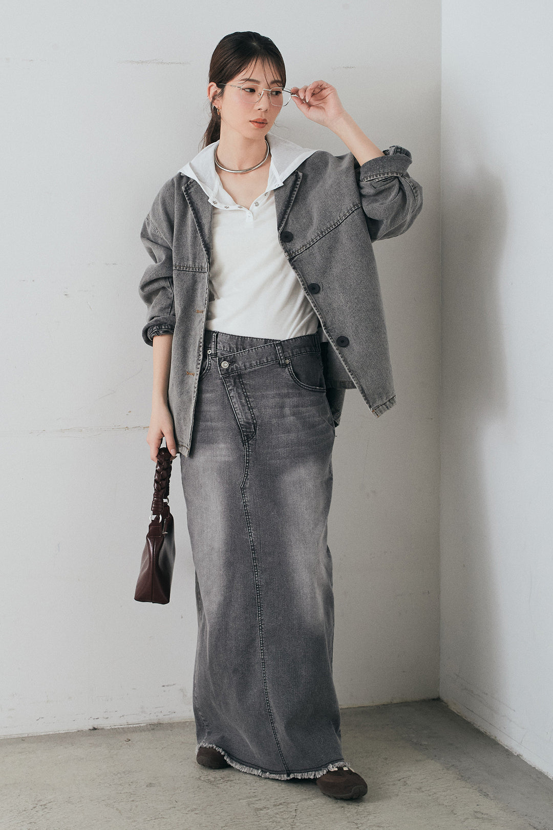 [SET]オーバーデニムジャケット+ウエストクロスデニムタイトスカート(2set)