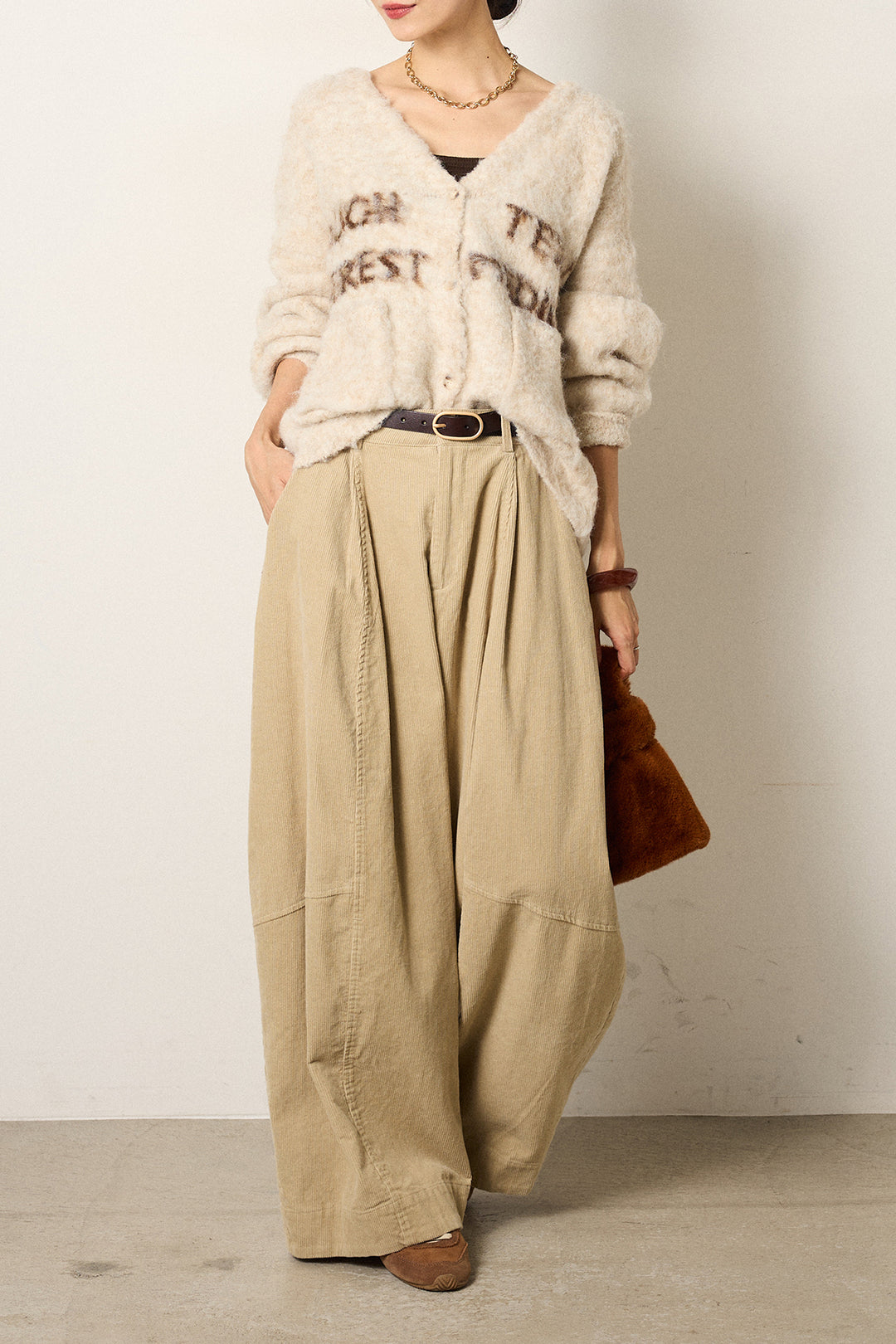 [SET]ウール混透かしロゴニットカーディガン+タック入りコーデュロイワイドパンツ(2set)