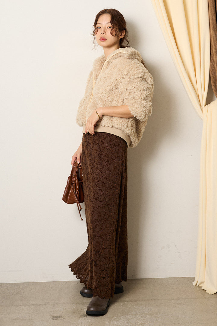 [SET]スタンドカラー裾リブボアブルゾン+花柄刺繍ベロアフレアスカート(2set)