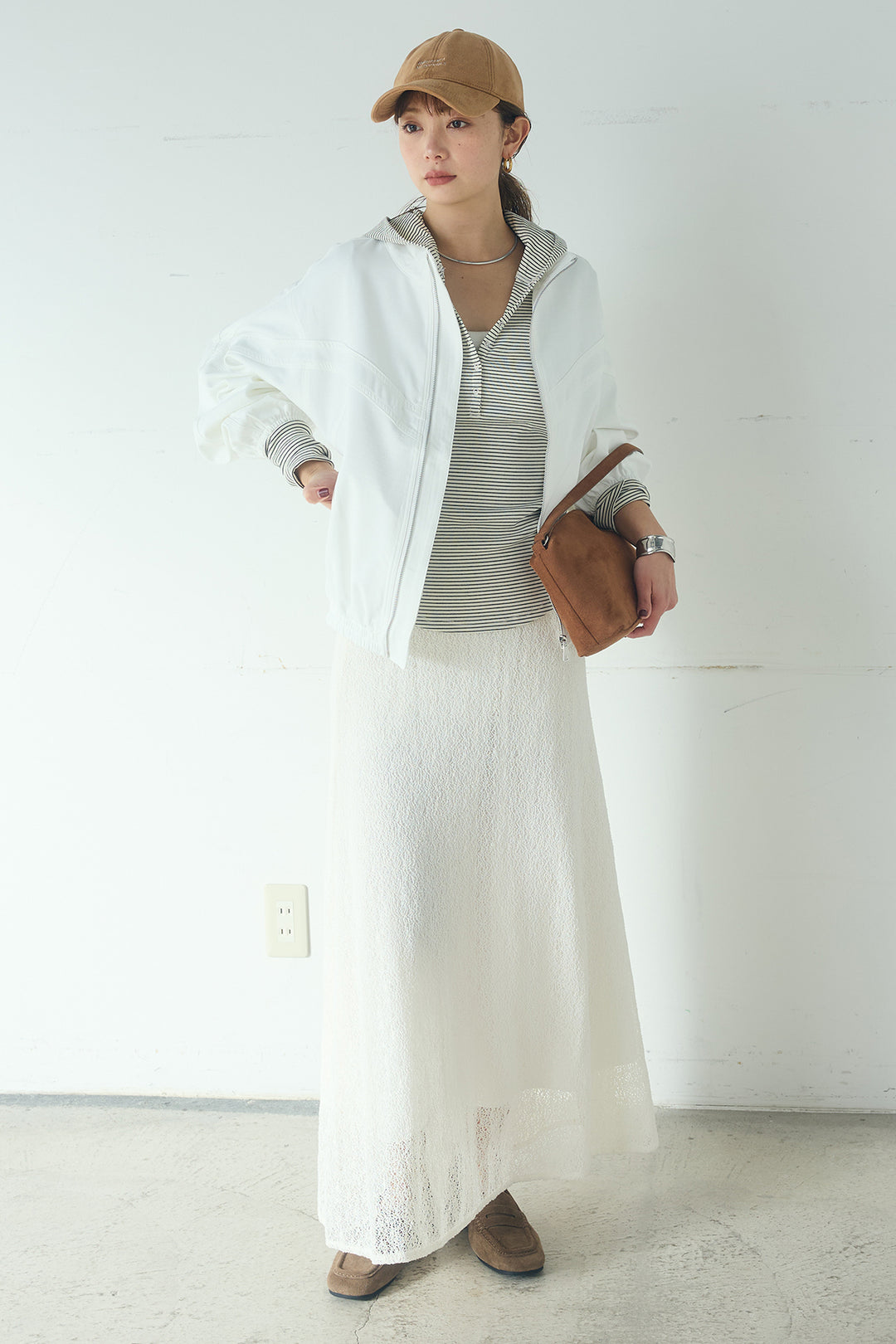 [SET]マルチ切り替えドルマンブルゾン+メッシュ刺繍ロングスカート+ボーダーフーディーロンT(3set)