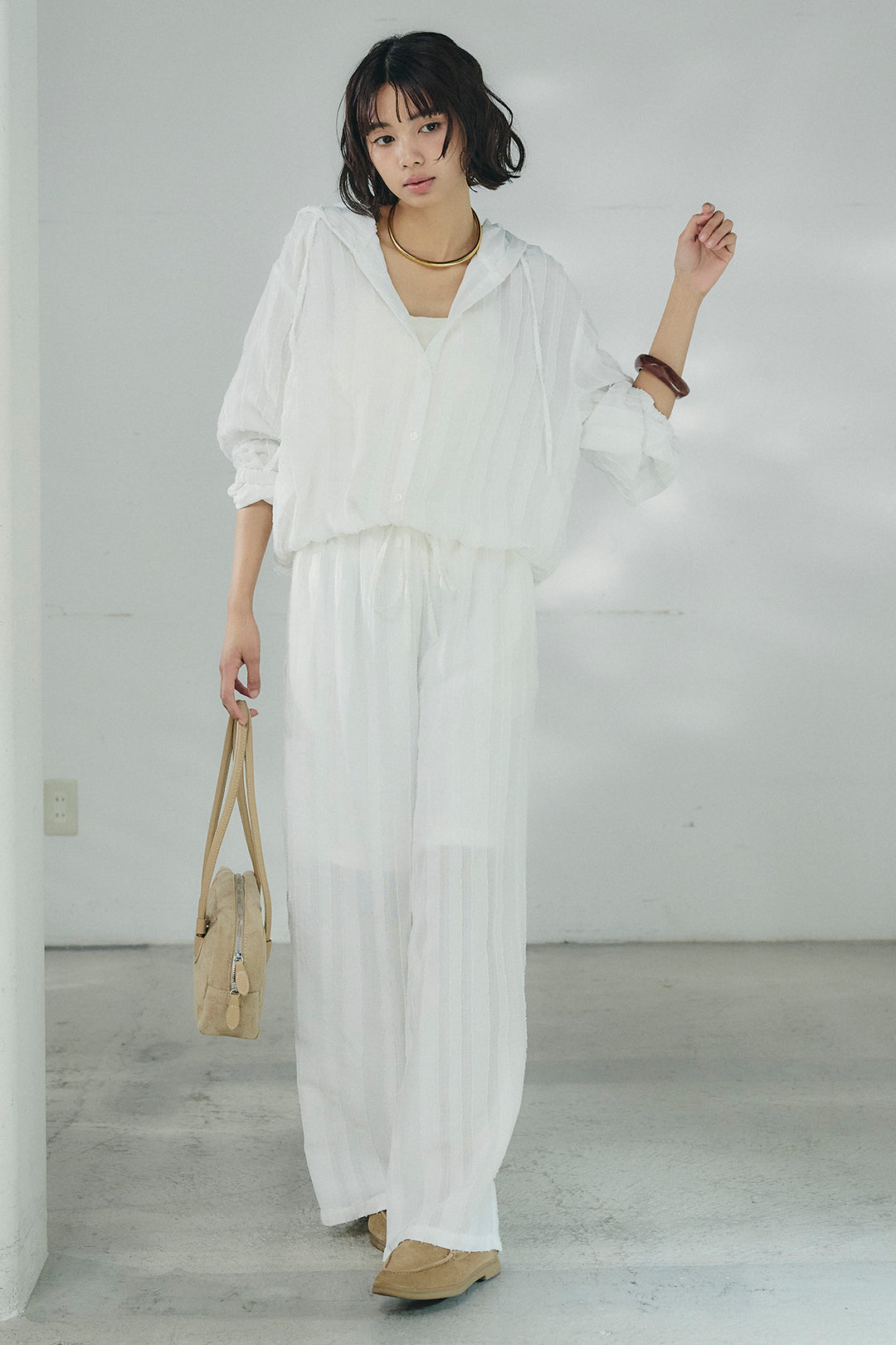 [SET]ストライプジャガードフードシャツ+ストライプジャガードロングイージーパンツ(2set)