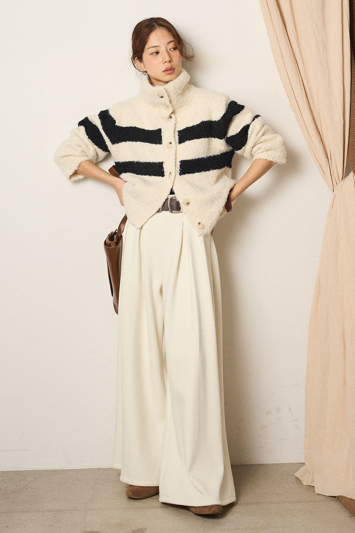[SET]ハイネックボーダーニットカーディガン+フェイクレザー太ベルト付きタックワイドパンツ(2set)