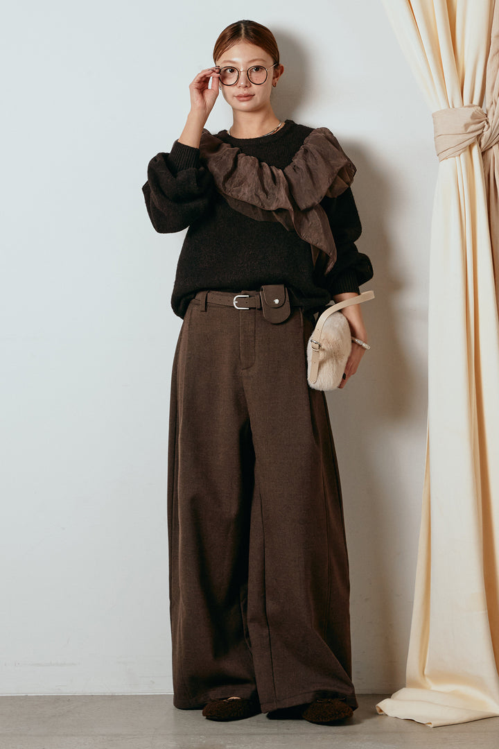 [SET]アシンメトリーフリルニットトップス+ポーチベルト付きカーブパンツ(2set)