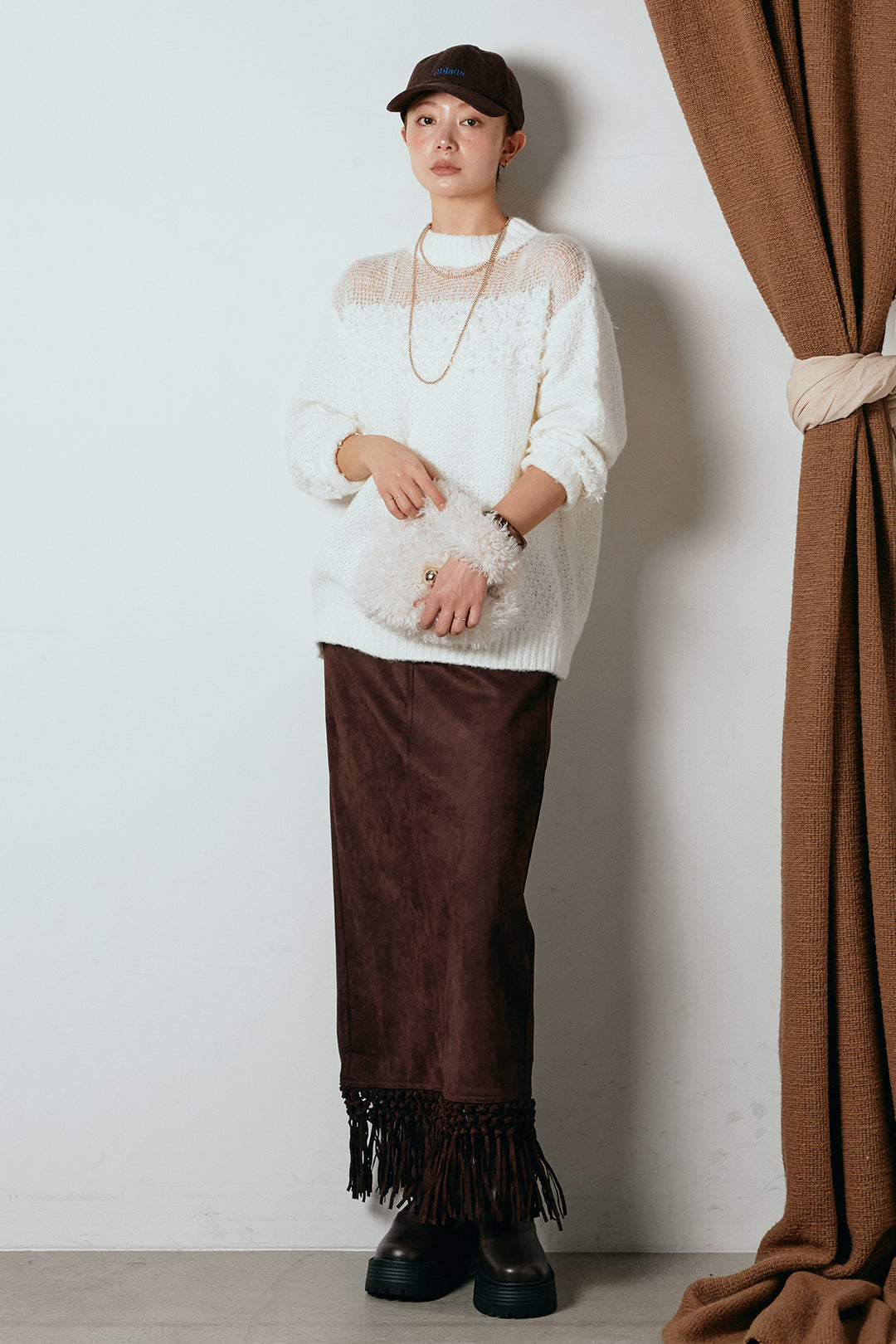 [SET]パターンランダム編みニットトップス+スウェードライク裾フリンジスカート(2set)