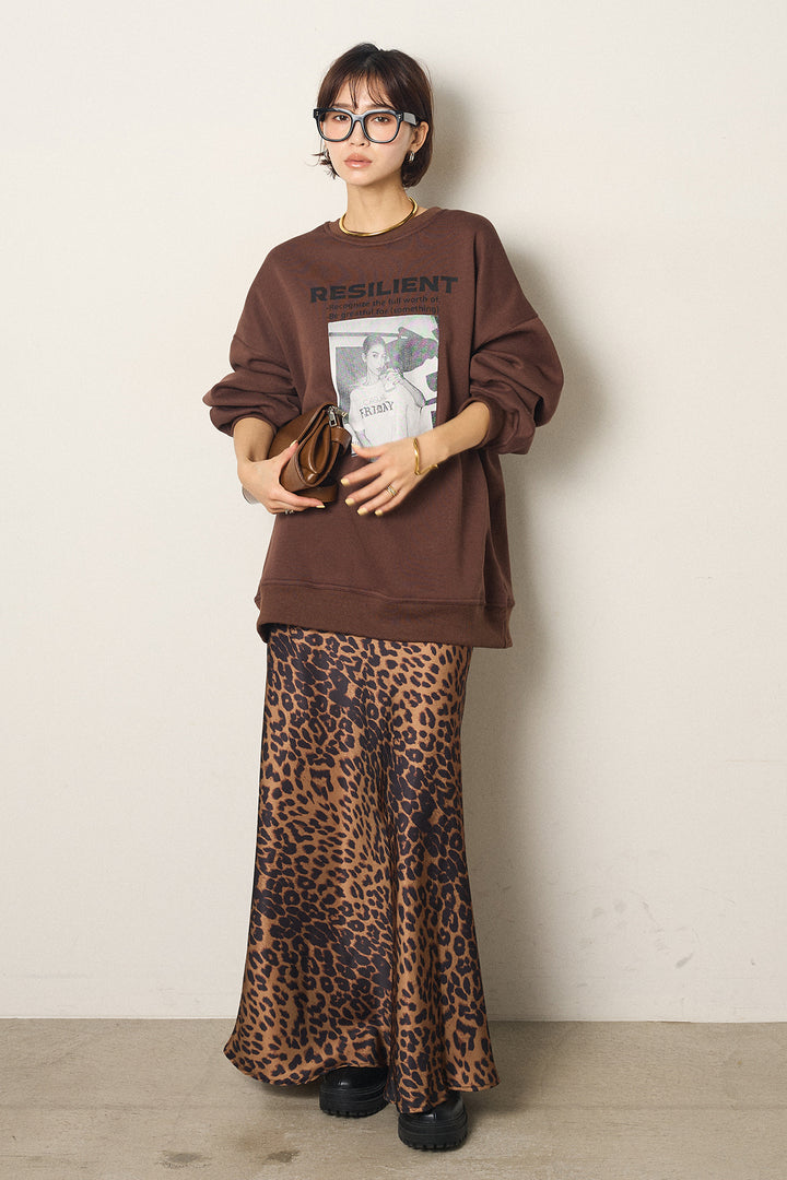 [SET]モノトーンプリントスウェット+レオパード柄サテンスカート(2set)