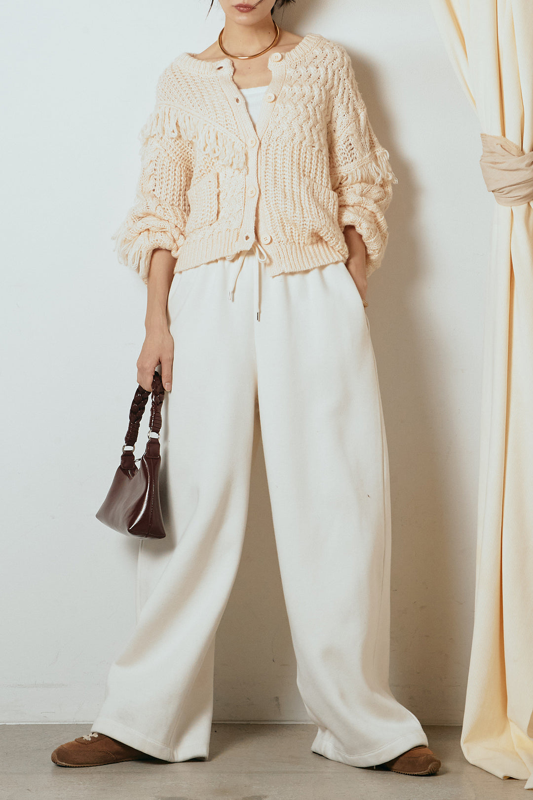 [SET]ランダムフリンジニットカーディガン+裏起毛スウェットワイドパンツ(2set)