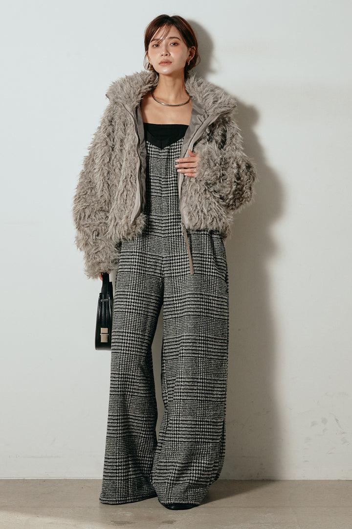 [SET]ミックスシープファースタンドブルゾン+前後2wayグレンチェック柄スカーチョサロペット(2set)