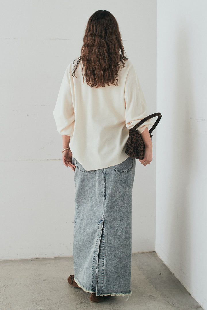 [SET]レースアップワッフルボーダートップス+ウエストクロスデニムタイトスカート(2set)