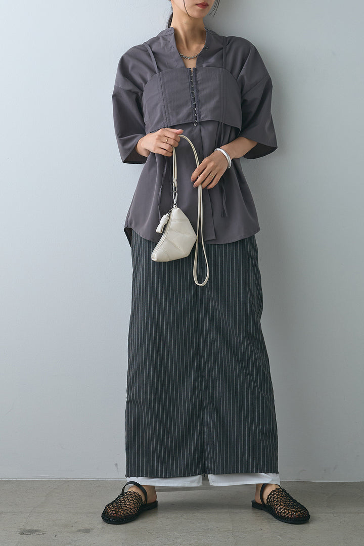 [SET]ホックビスチェ付きバンドカラーシャツ+ストライプストレートスカート(2set)
