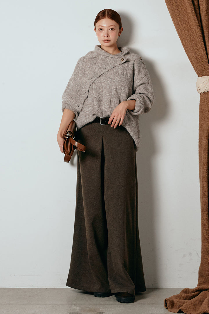 [SET]ケープデザインケーブルニットトップス+ベルト付きフロントタックデザインパンツ(2set)