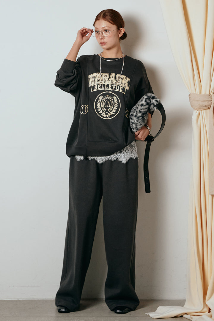[SET]裏毛カレッジプリントプルオーバー+裏起毛スウェットワイドパンツ(2set)
