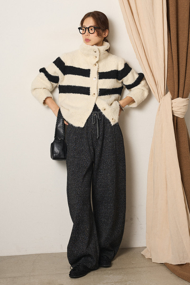 [SET]ハイネックボーダーニットカーディガン+杢ニットフレアパンツ(2set)