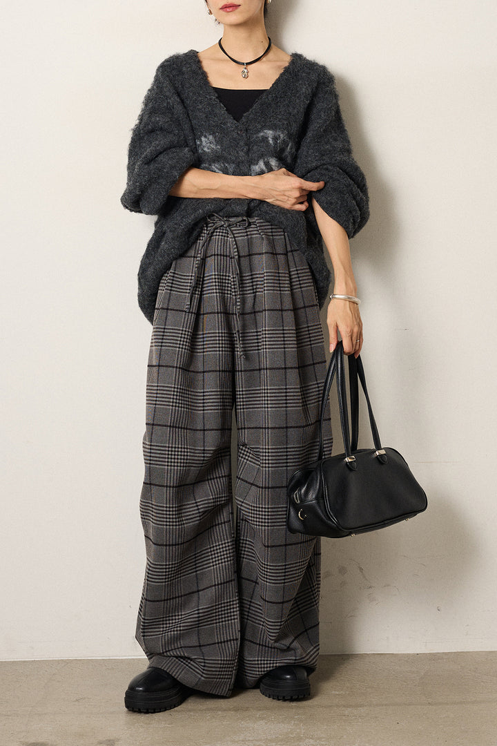 [SET]ウール混透かしロゴニットカーディガン+グレンチェックルーズタックパンツ(2set)