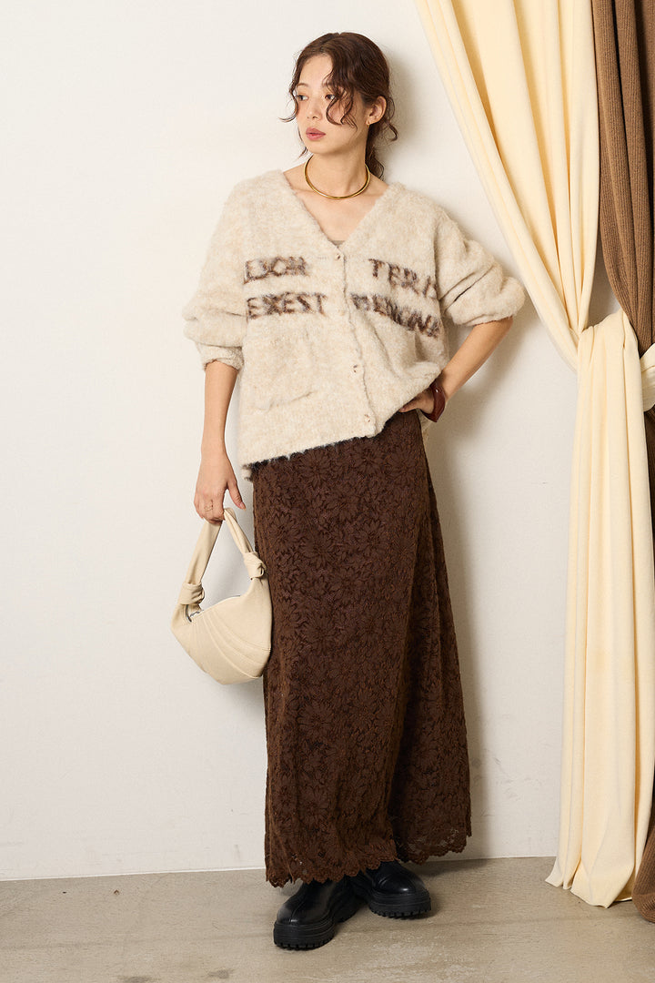 [SET]ウール混透かしロゴニットカーディガン+花柄刺繍ベロアフレアスカート(2set)