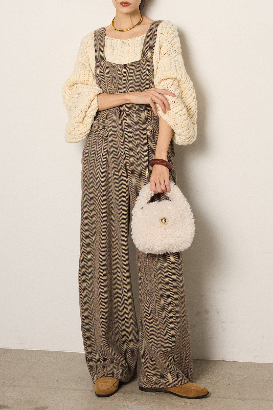 [SET]チャンキースラブニットクロップドプルオーバー+クラシックヘリンボーンサロペット(2set)