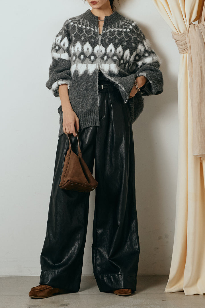 [SET]起毛ダブルジップパターンニットカーディガン+ベルト付きレザーライクタックパンツ(2set)