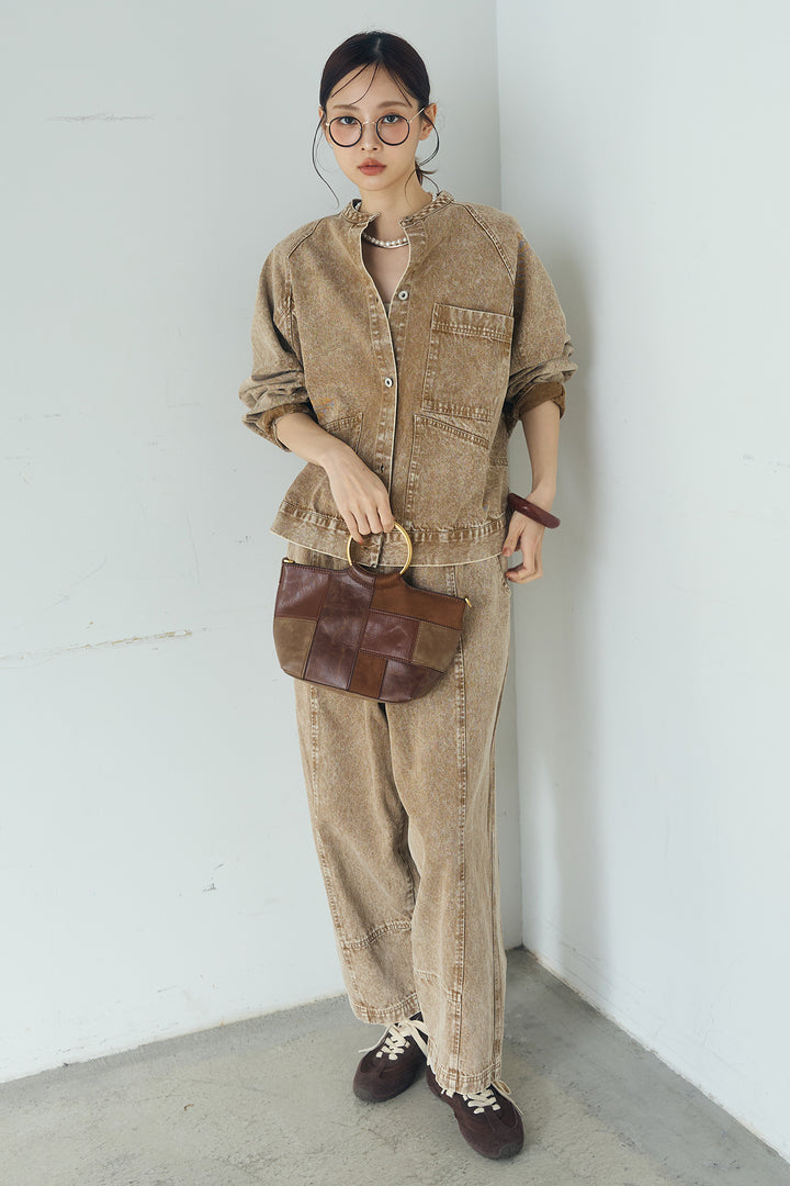 [SET]カラーデニムケミカル加工ノーカラーブルゾン+カラーデニムケミカル加工コクーンパンツ(2set)