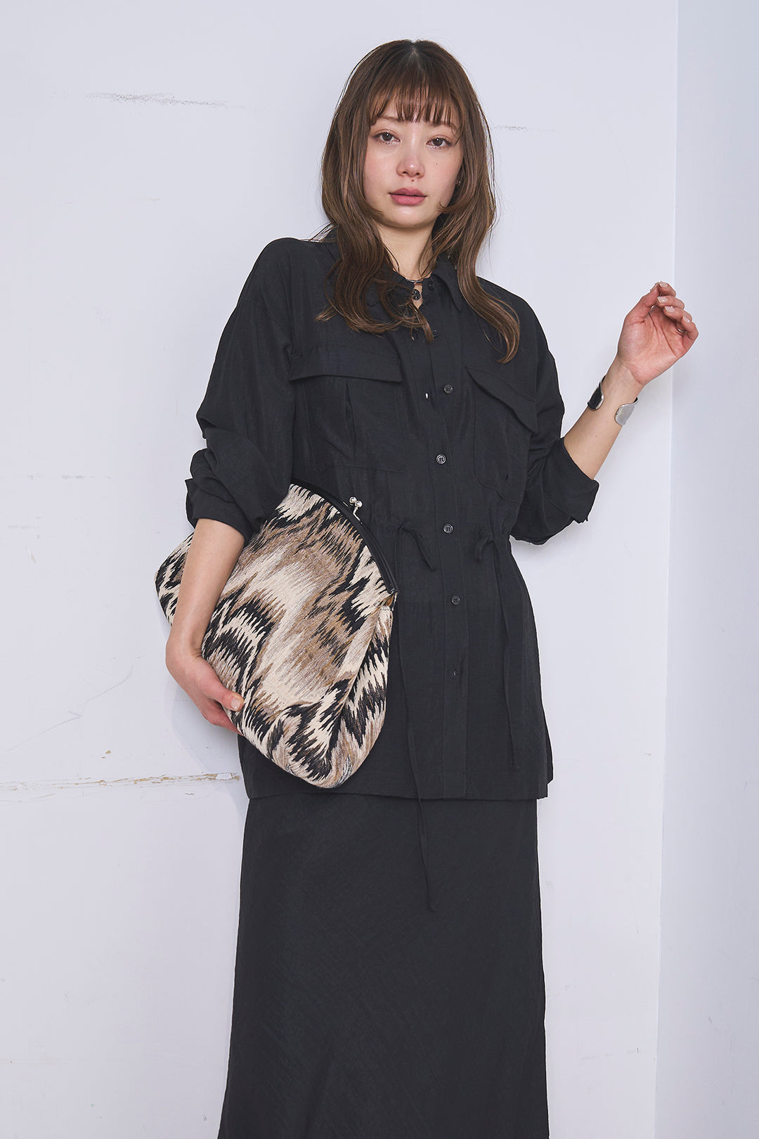 [SET]リネンブレンドシアーサファリシャツ+リネンブレンドロングナロースカート(2set)