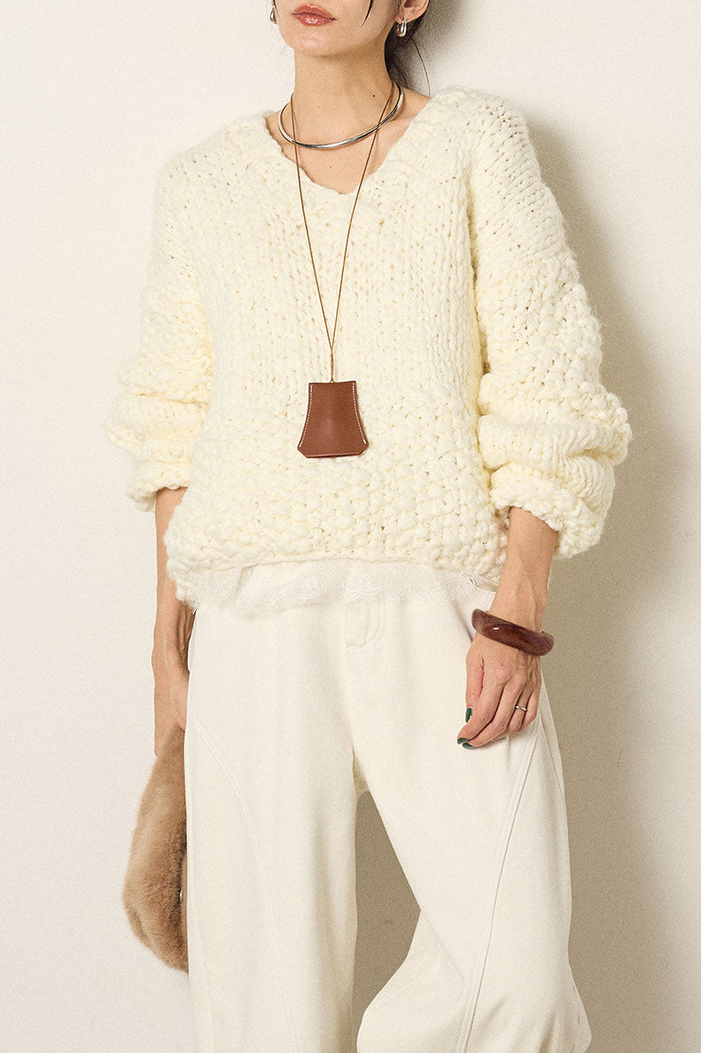 [SET]Vネックハンド編みニットトップス+レース切り替えキャミソール(2set)