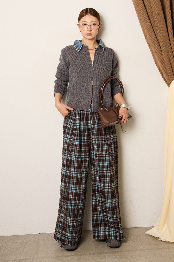 [SET]デニム襟ダブルジップニットトップス+スタッズデザインベルトタータンチェックパンツ(2set)