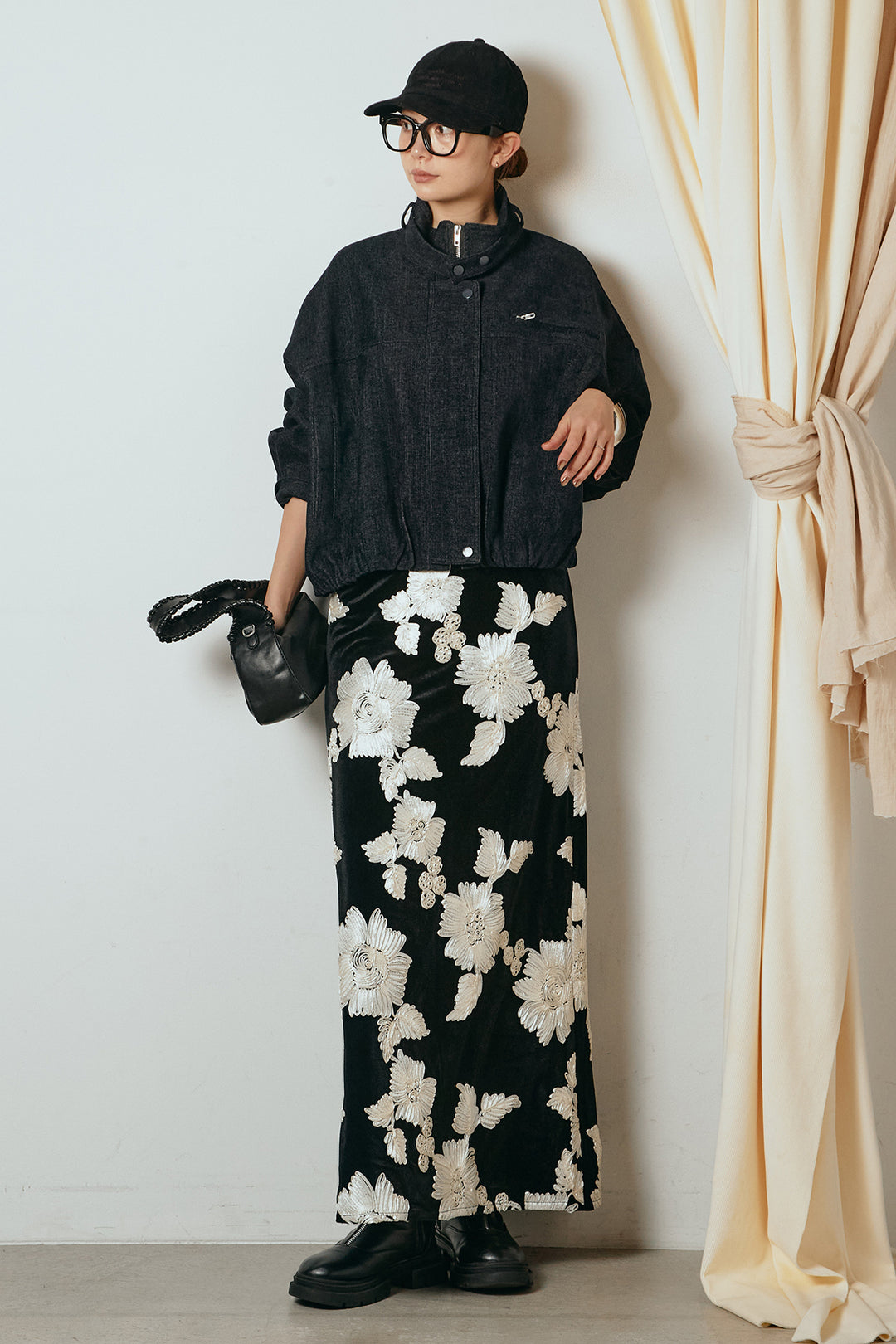 [SET]デニム調ハイネックブルゾン+フラワー刺繍ワイドスカート(2set)