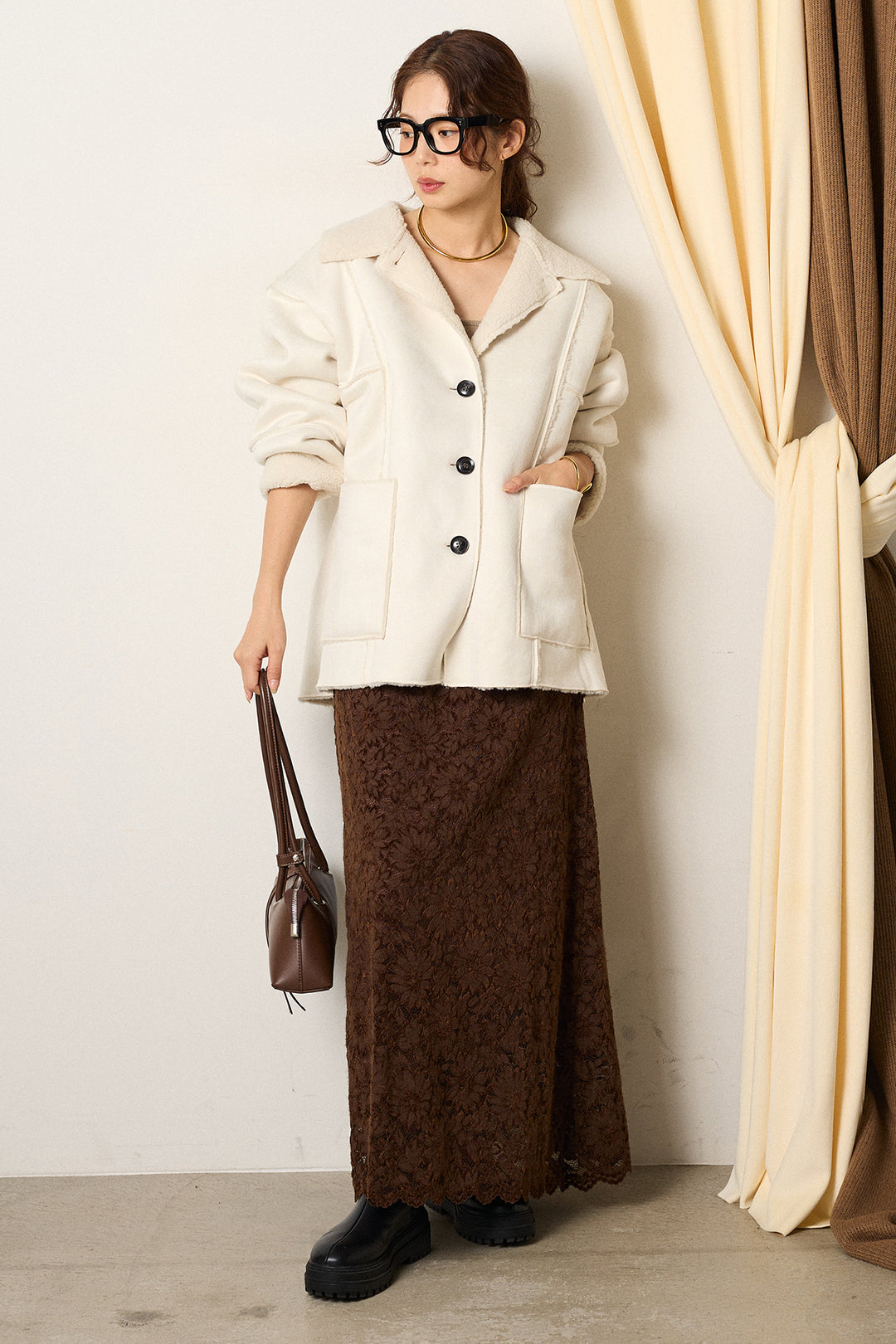 [SET]エコムートンカバーオール+花柄刺繍ベロアフレアスカート(2set)