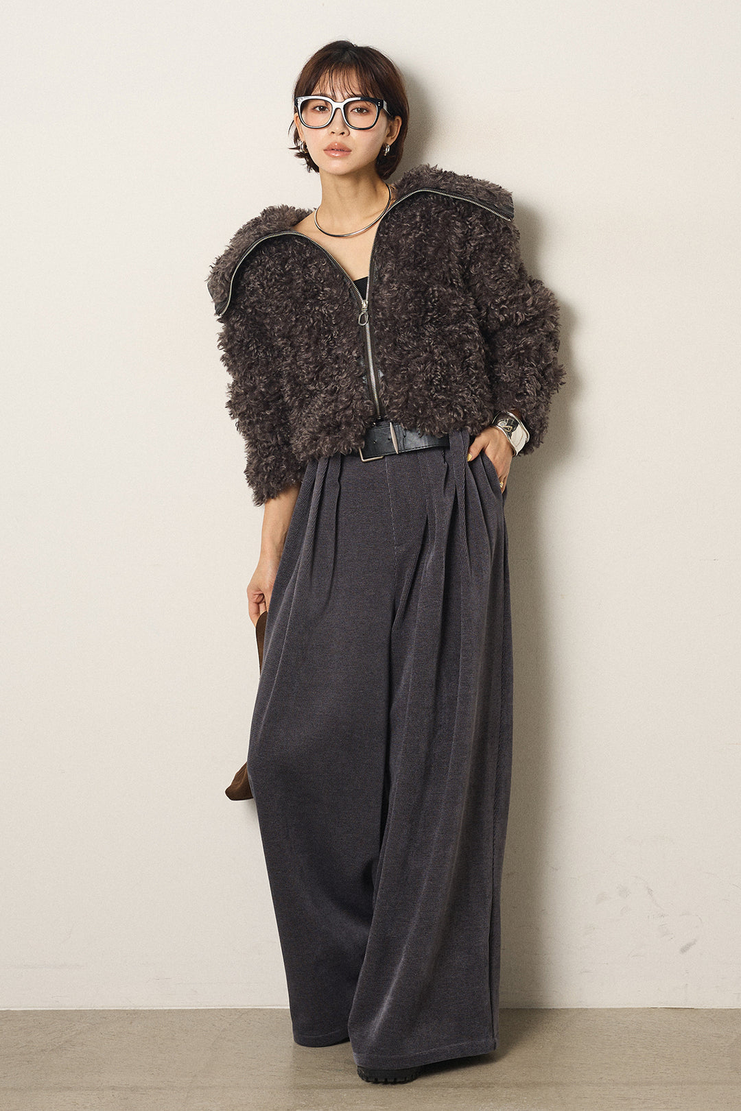 [SET]ビッグカラープードルボアアウター+ベルトループコーデュロイワイドパンツ(2set)