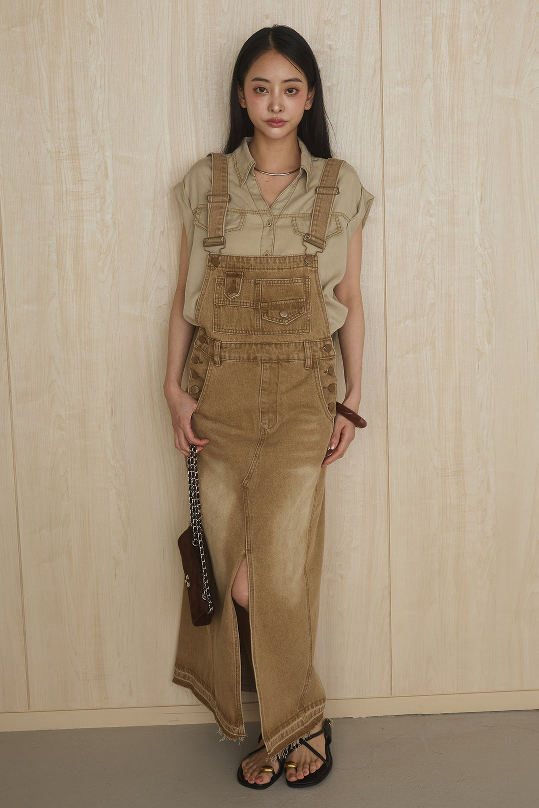 [SET]リヨセルデニムノースリシャツ+センタースリットデニムジャンスカ(2set)