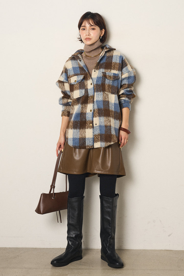 [SET]起毛チェック柄ポケットアウター+ストレッチエコレザーバミューダパンツ+リブニットシームレスタートルプルオーバー(3set)