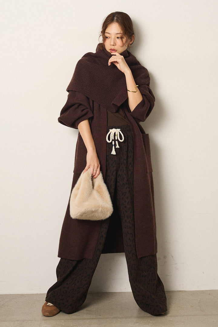 [SET]ケープレイヤードロングカーディガン+レオパードジャガードニットパンツ(2set)