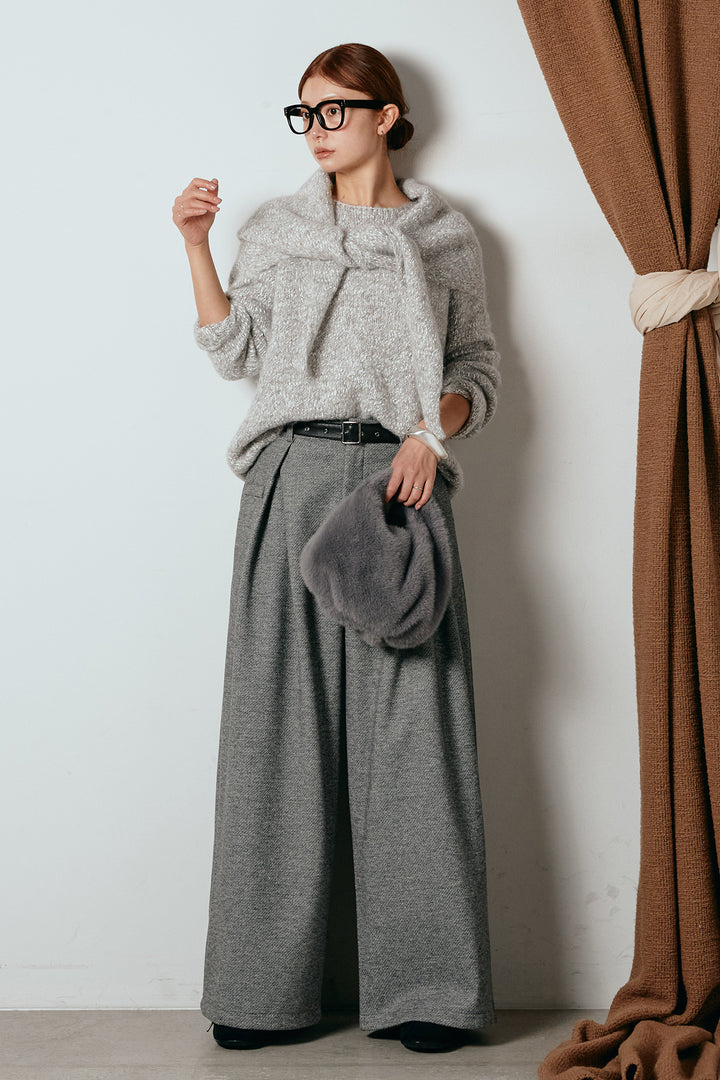 [SET]スカーフ付きミックスニットトップス+細ベルト付き起毛タックワイドパンツ(2set)
