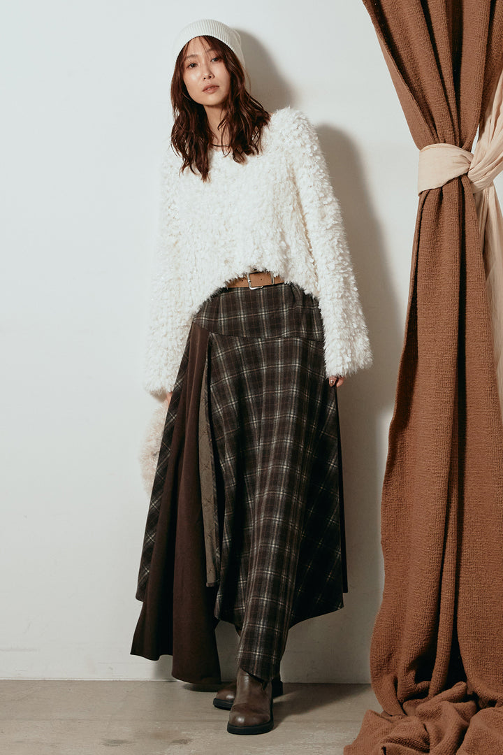 [SET]深Vネックチョウチョヤーンニットトップス+フェイクレザーベルト付き切り替えタータンチェックスカート(2set)